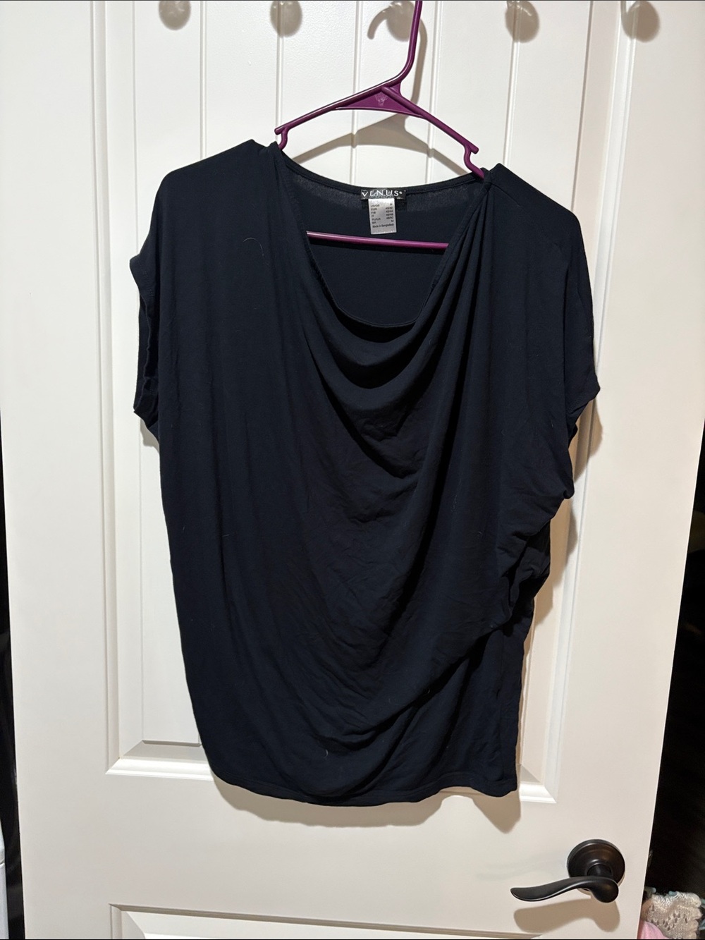 VENUS Black Draped Cowl Neck Short Sleeve Top